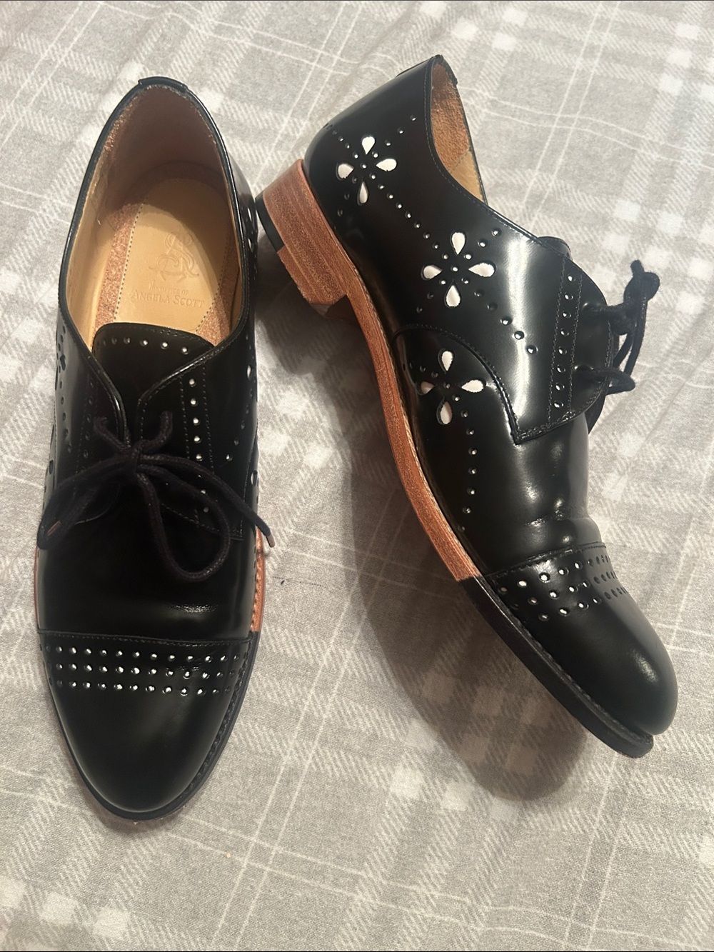 Black Leather Studded Derby Shoes with Floral Cutouts